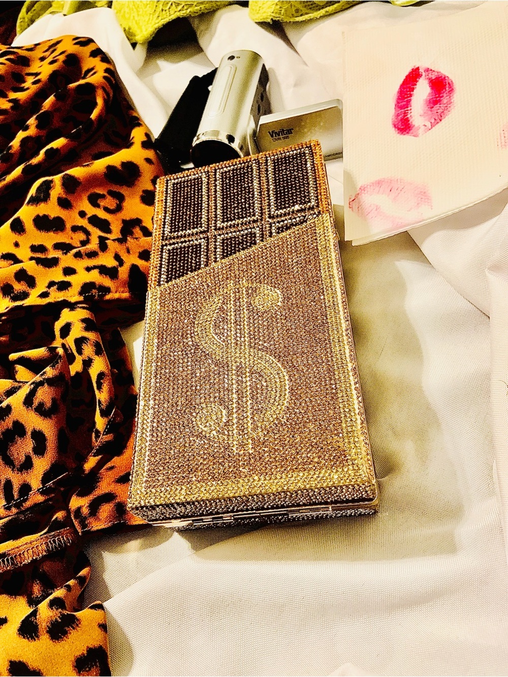 Embellished Gold CHOCOLATE Crystal Dollar-Sign Clutch Wallet